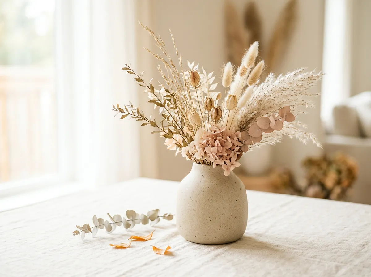 Neutral ceramic vase with subtle dried florals on a cream surface in soft natural light