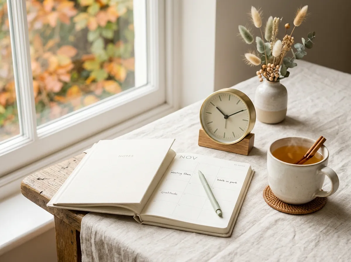 Minimalist tabletop with a small clock, planner, and a cup of tea on cream linen in bright window light