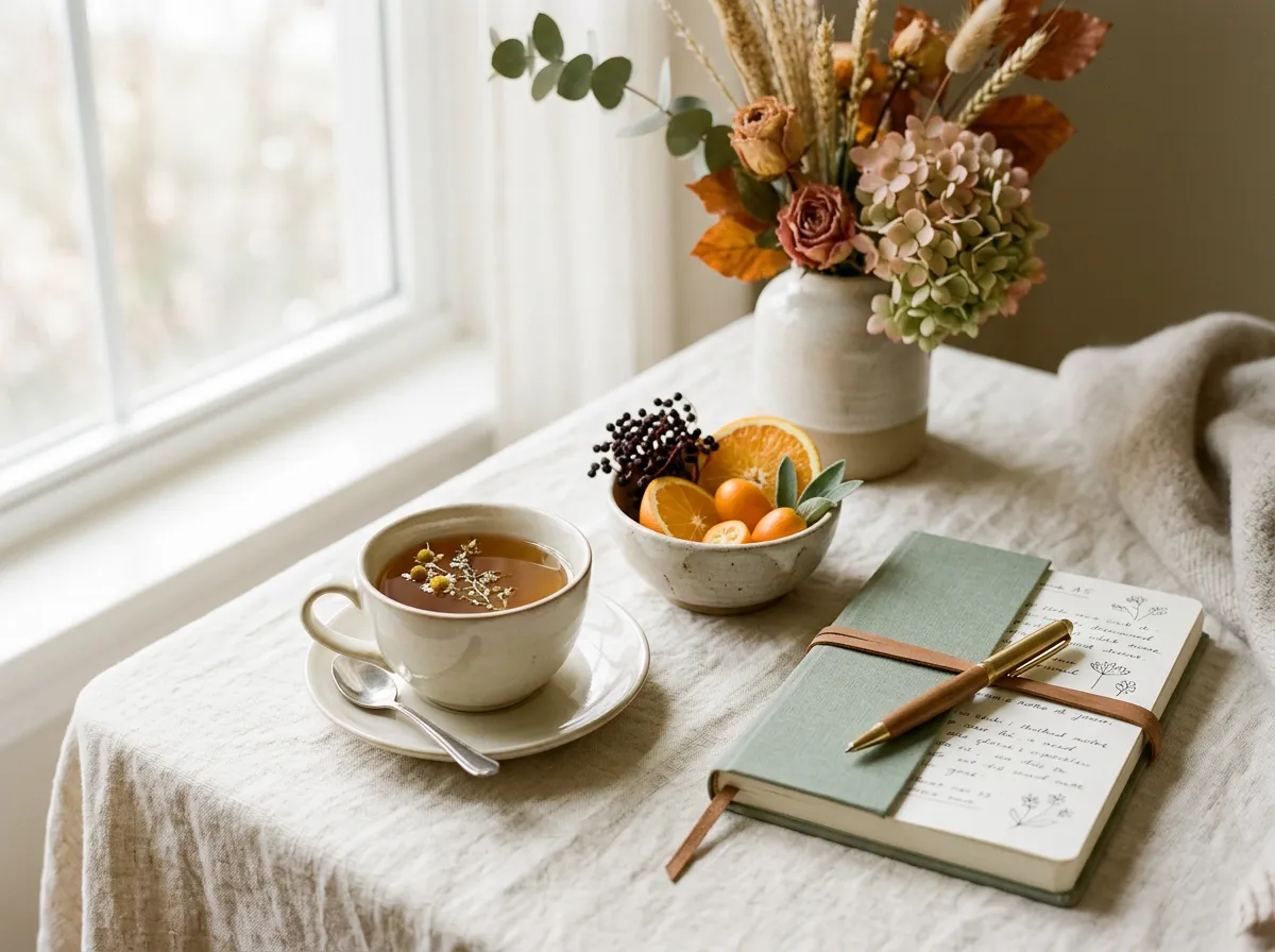 Herbal tea on a saucer with citrus and a journal on a cream linen tablecloth in bright window light