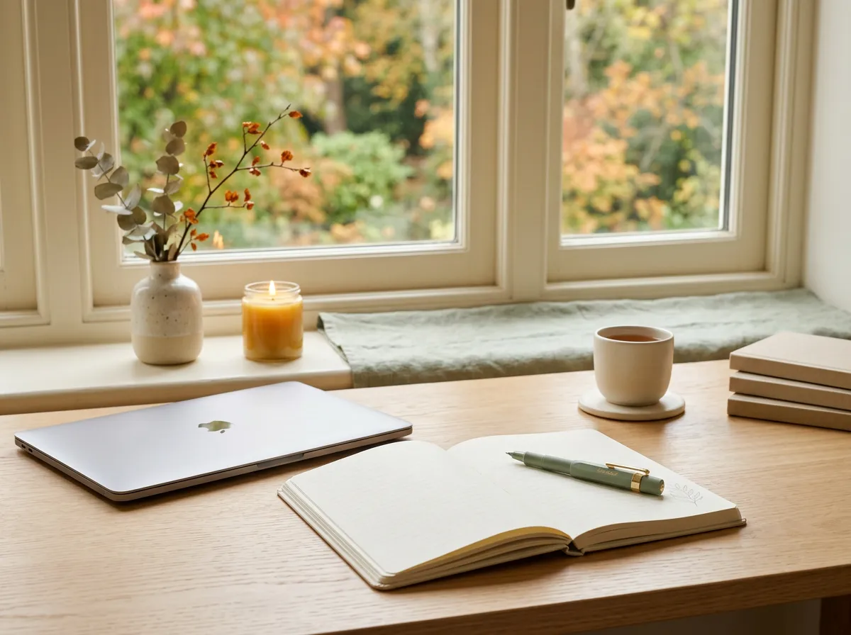 Open notebook with a pen beside a closed laptop on a tidy desk in bright window light