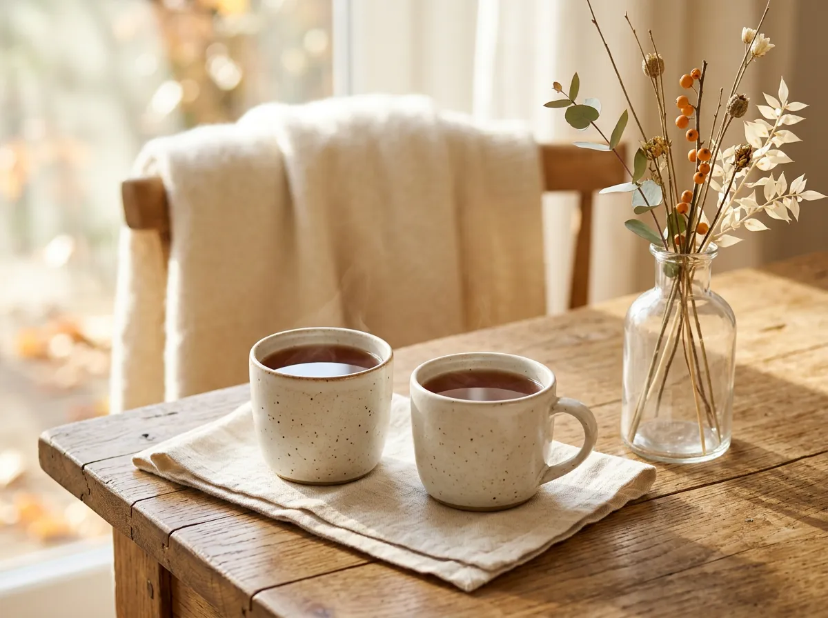 Two mugs of tea on a sunlit wooden table with subtle autumn stems in a vase