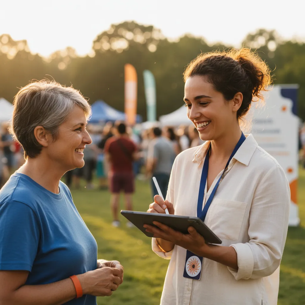 Volunteer signing up via tablet at a community event