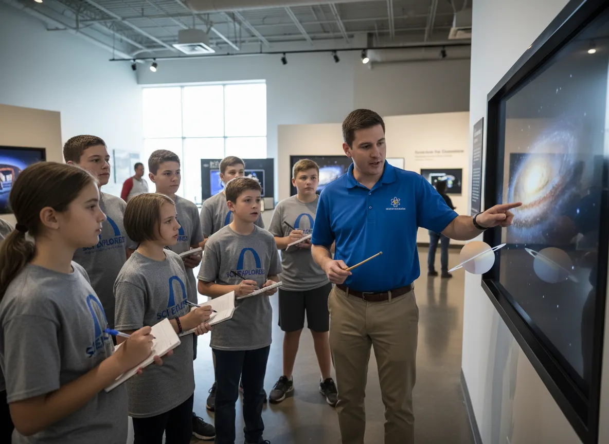School group of students on a guided tour at the science center