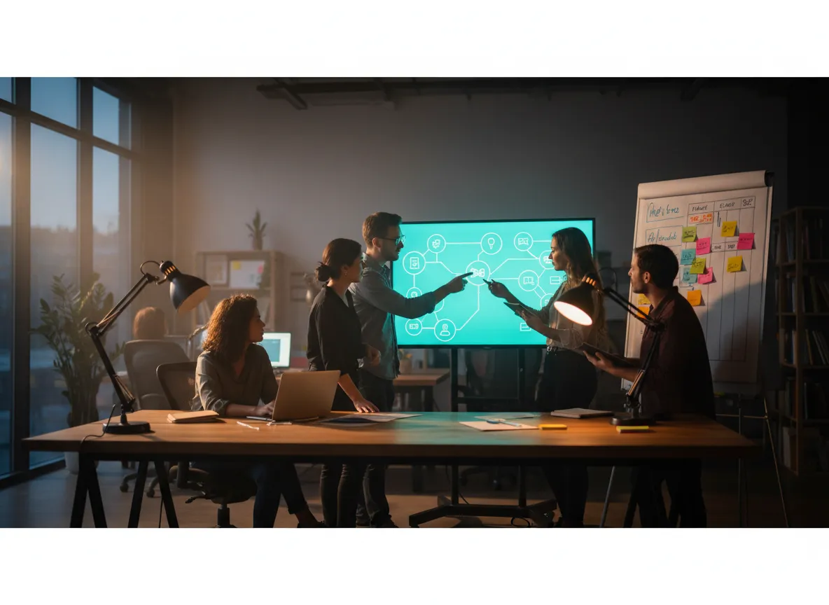 Team of professionals collaborating on workflow development and management in a modern office
