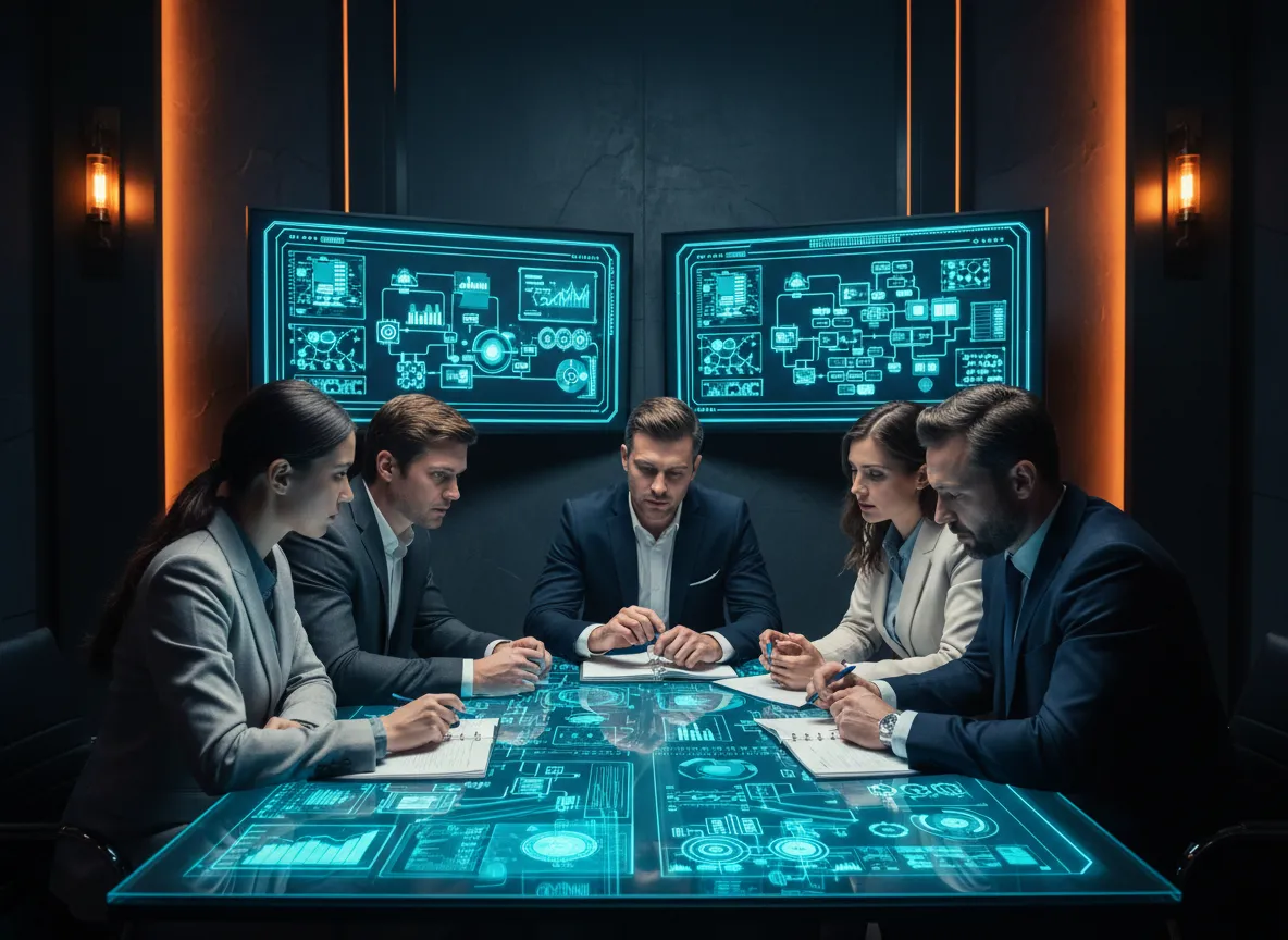 AI consultants guiding business leaders through AI strategy development in a modern office