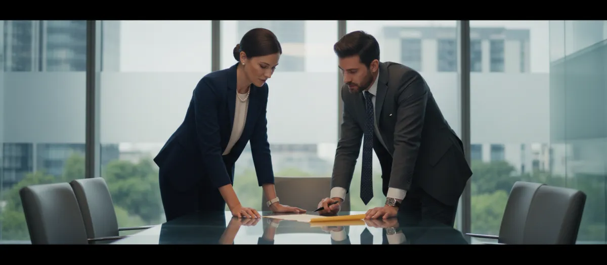 Attorney and business owner reviewing a document in a modern conference room.