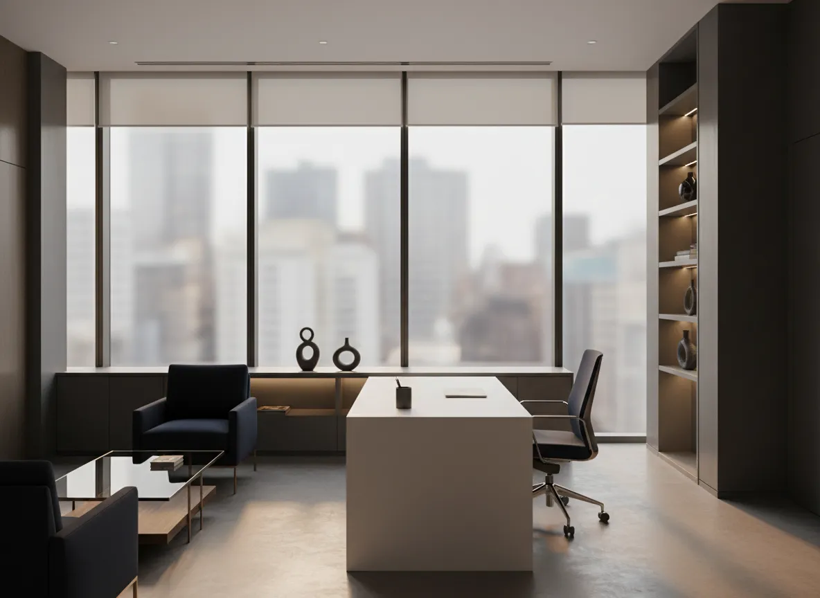 Modern, minimal law office interior with clean desk and city view.