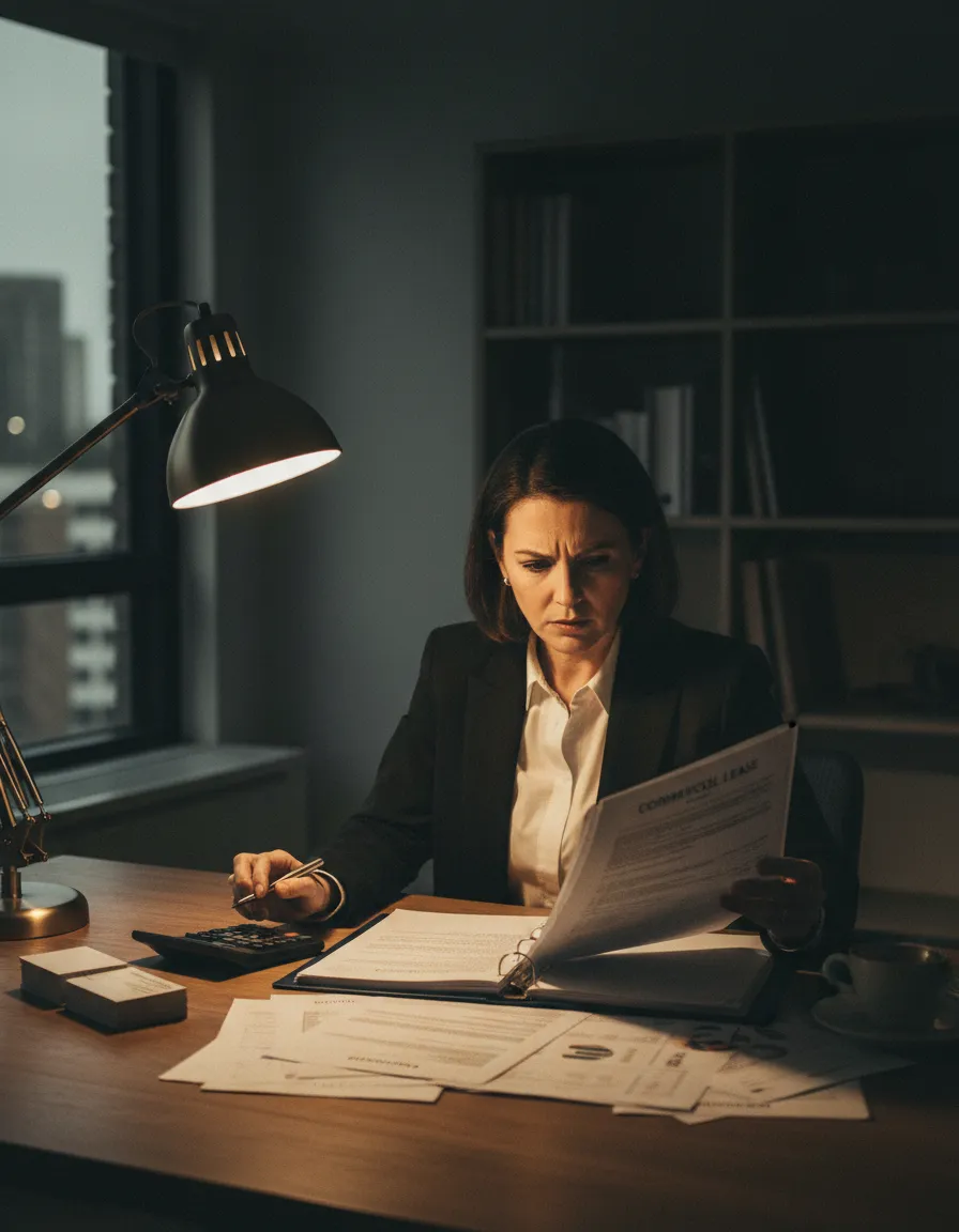 Business owner reviewing a thick commercial lease document late at night.