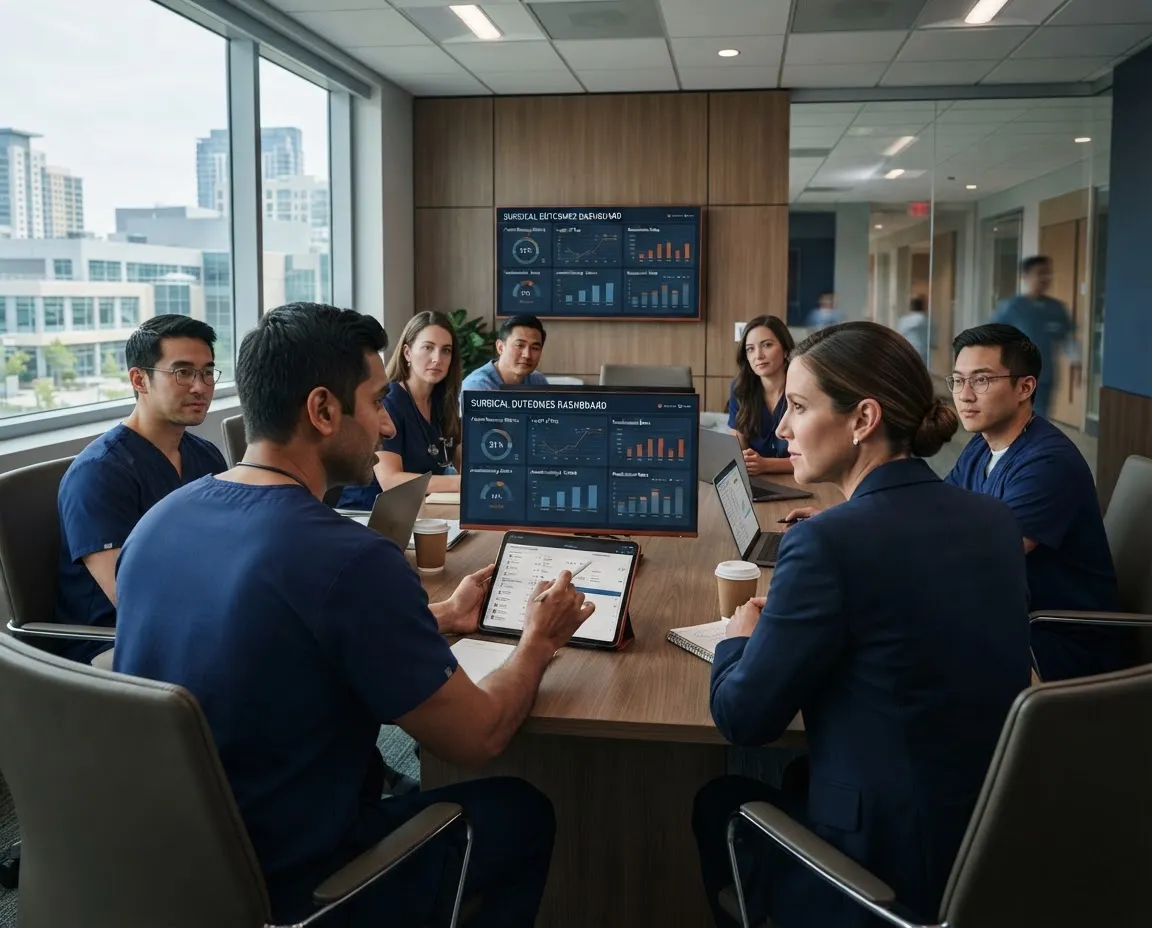 Multidisciplinary surgical team and hospital administrators analyzing surgical outcomes and patient recovery analytics on clinical monitors