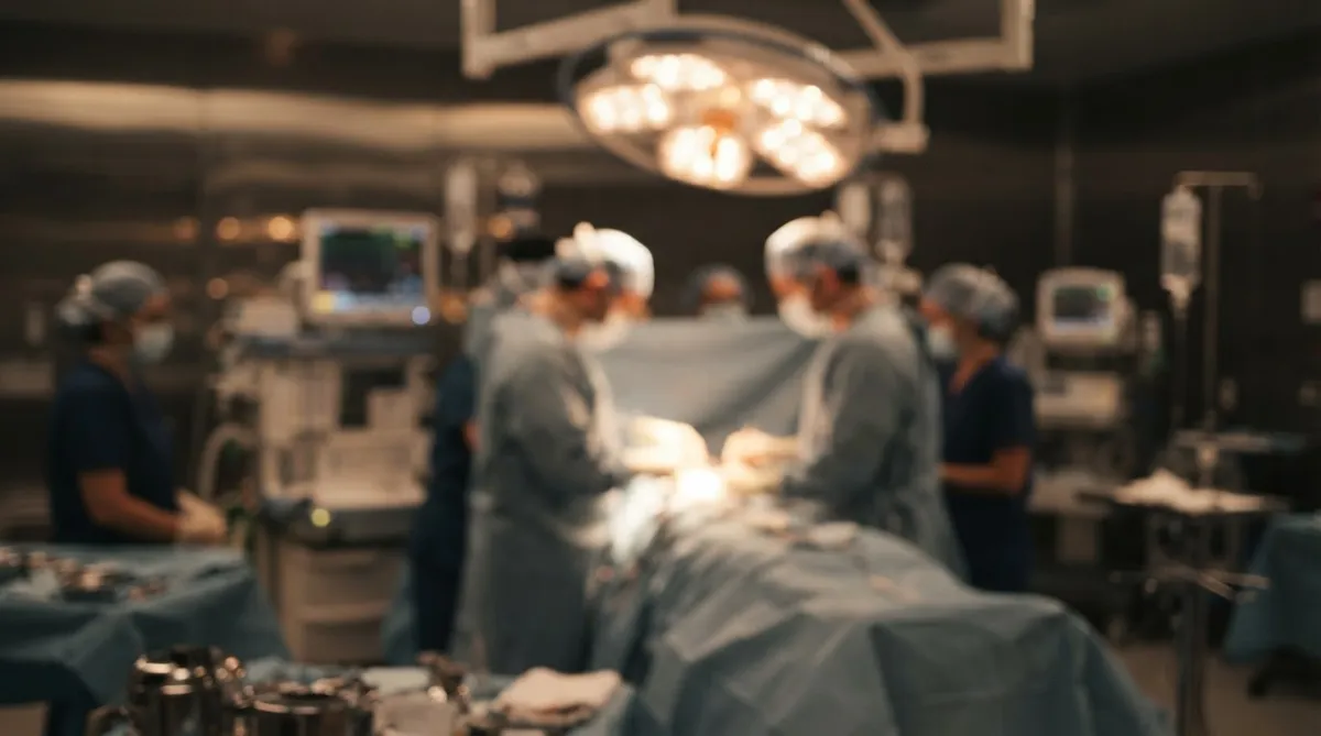 Blurred operating room with surgical lights overhead and clinicians out of focus