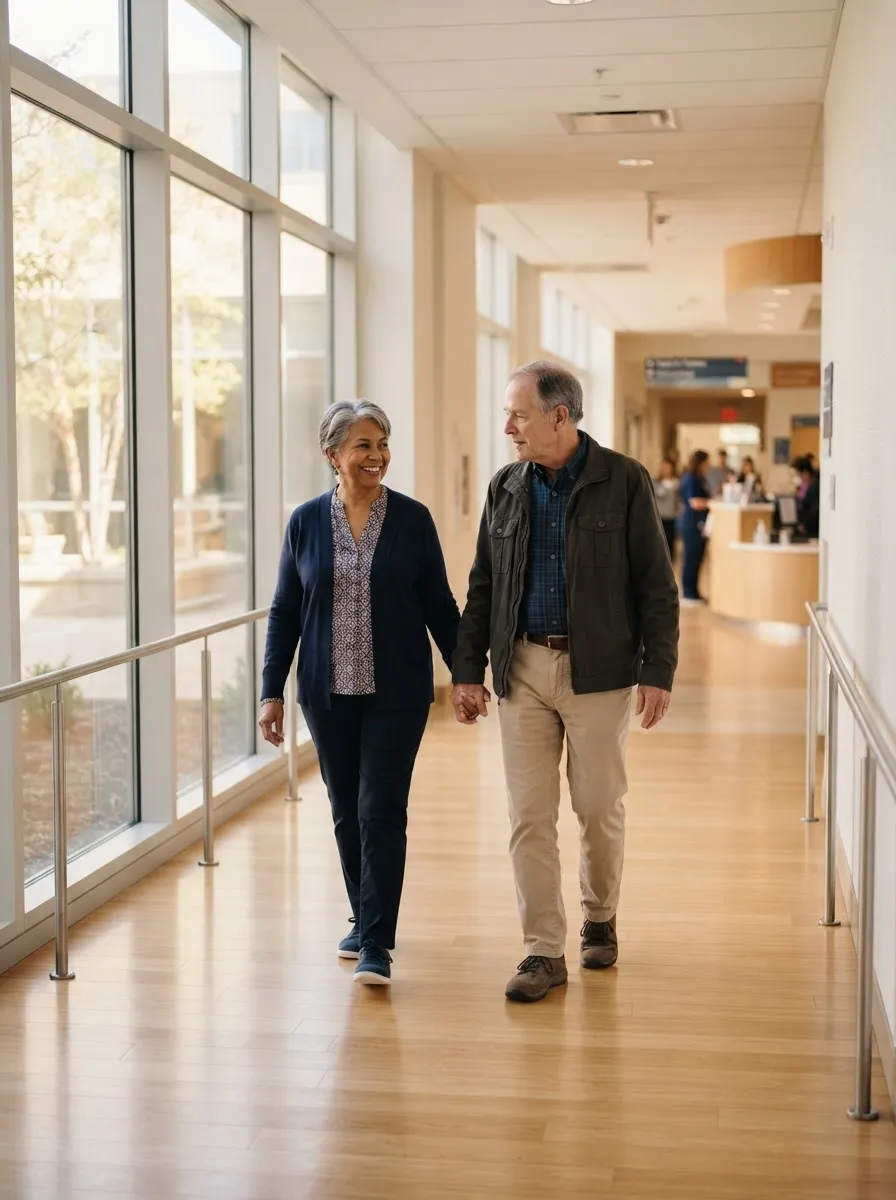 Full-body photo of an older patient walking confidently with a supportive caregiver in a hospital corridor, with legs and shoes visible