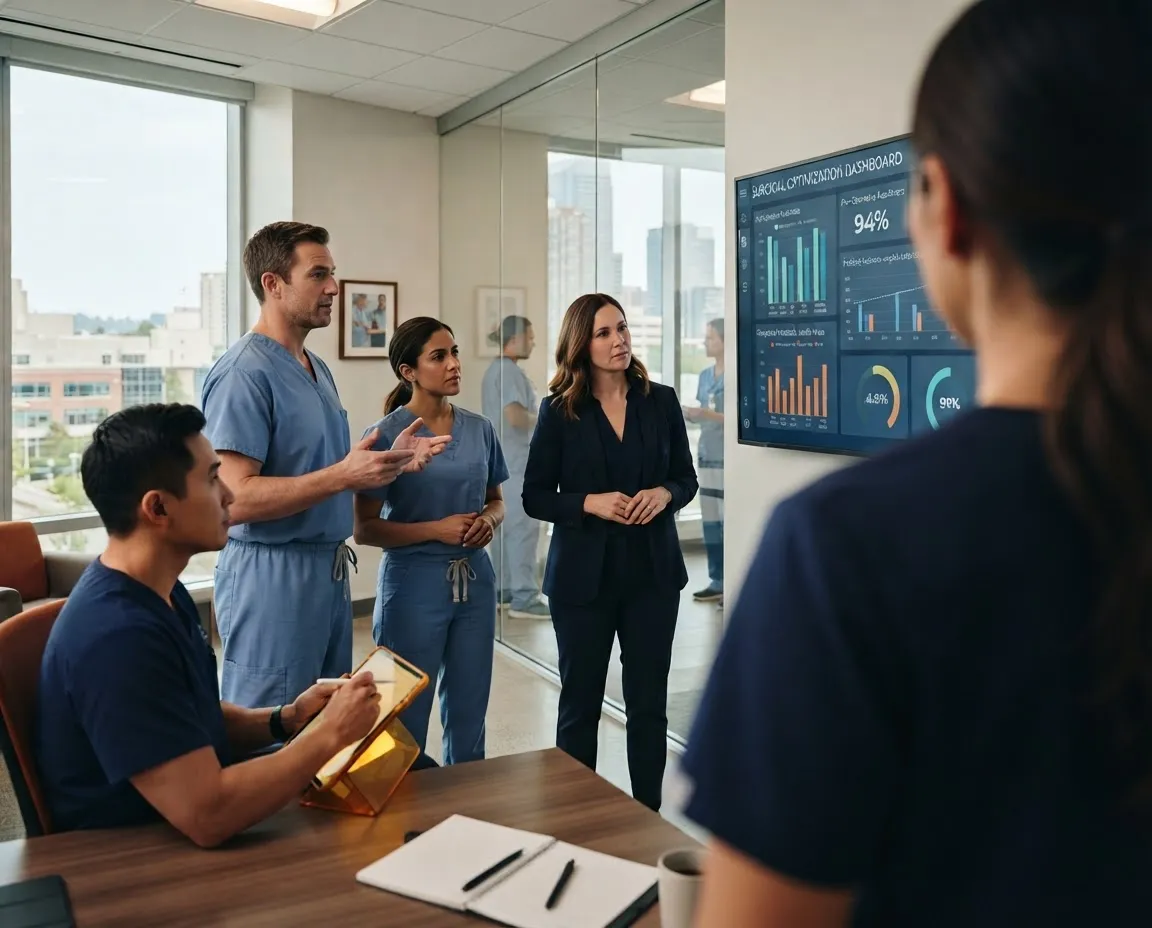 Surgical clinical leadership team examining pre-operative surgical readiness analytics and recovery metrics on high-resolution displays