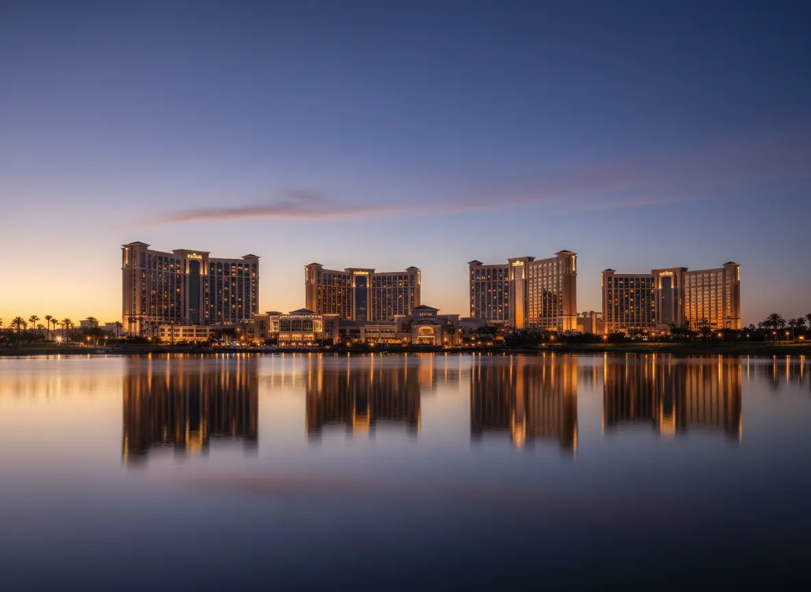 Lake Charles skyline and casino at dusk