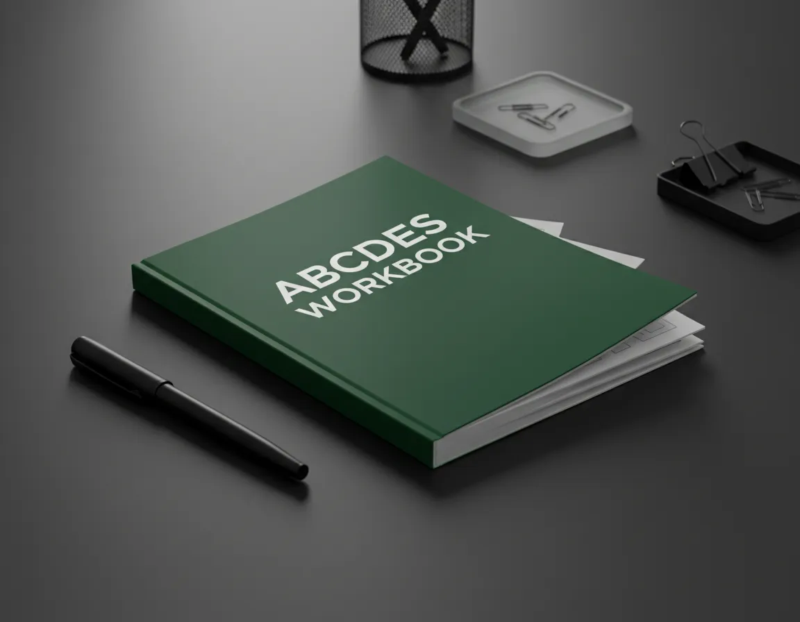Mockup of the ABCDES workbook cover and printed pages