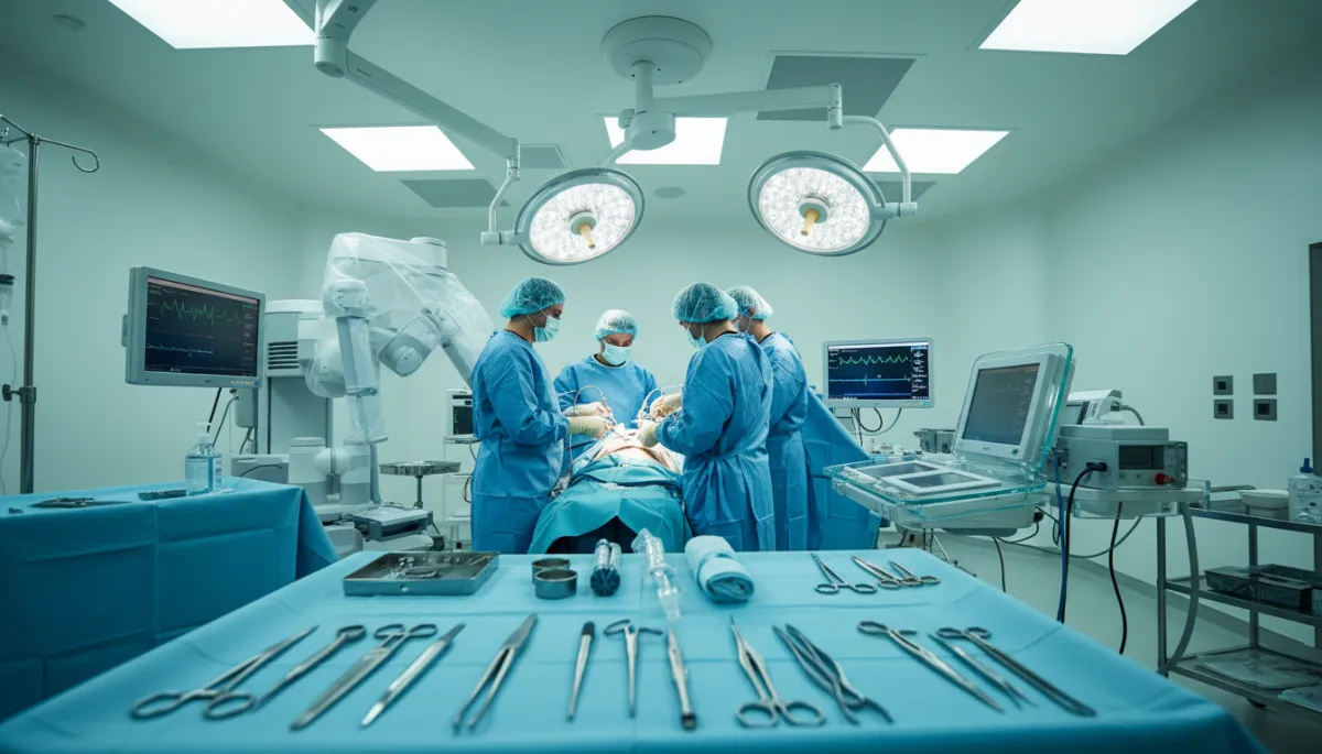 Bright modern operating room with surgeons performing a minimally invasive heart procedure