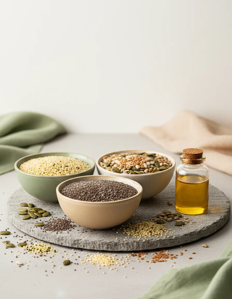 Close-up of nutrient-rich seeds and cold-pressed oil