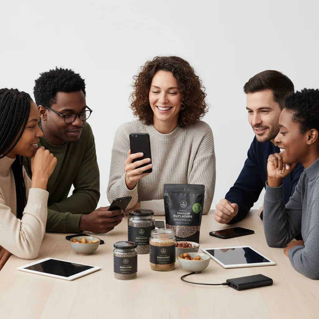 People sharing wellness products via mobile devices