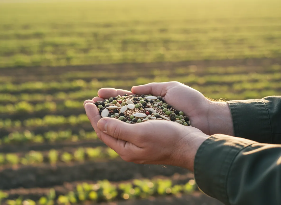 Farmer holding seeds in sustainable agriculture field