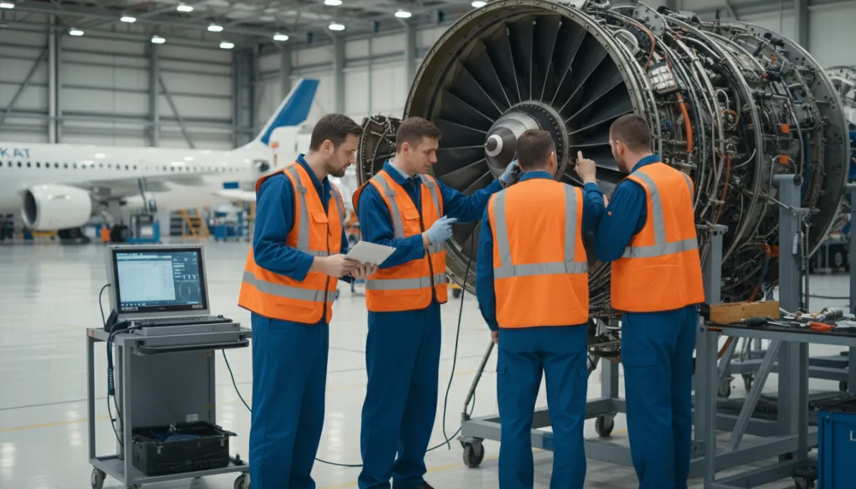Aviation maintenance professionals inspecting aircraft engine components in a hangar