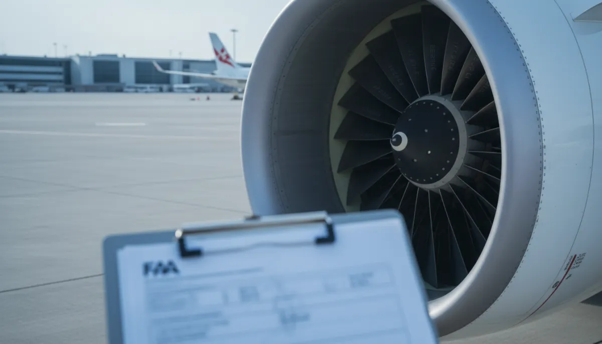 Close-up of a commercial aircraft turbine engine with FAA compliance documentation