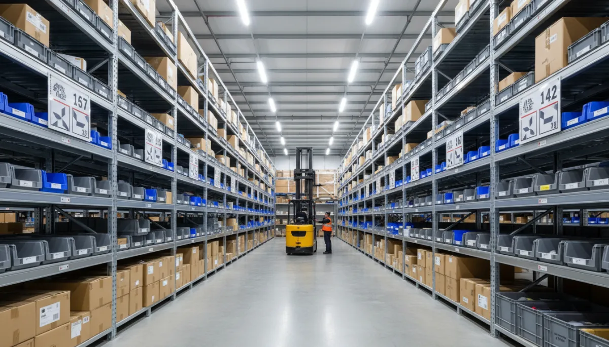 Aircraft parts warehouse with organized inventory shelving and logistics operations