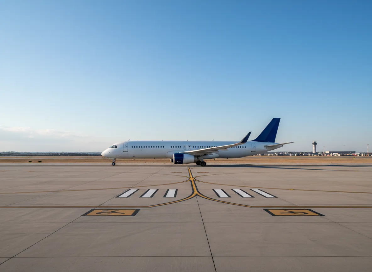 Commercial aircraft on a runway with a clear sky background