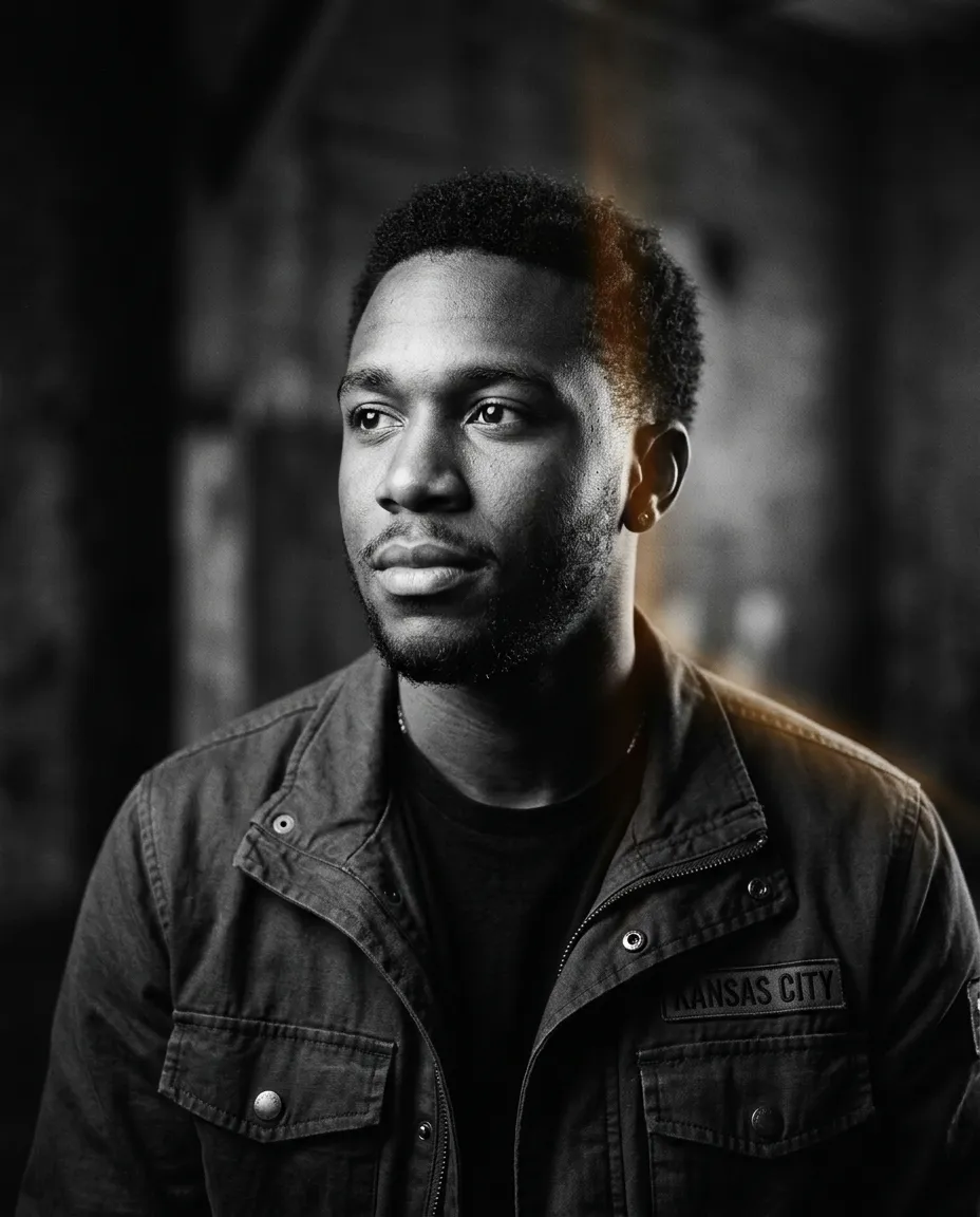 Marcus portrait in stark cinematic lighting representing his redemption journey in Kansas City