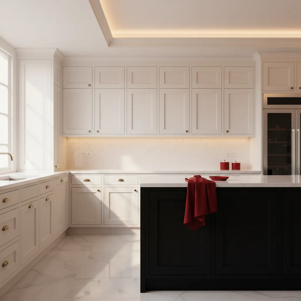 Finished white kitchen cabinets with a contrasting black painted island