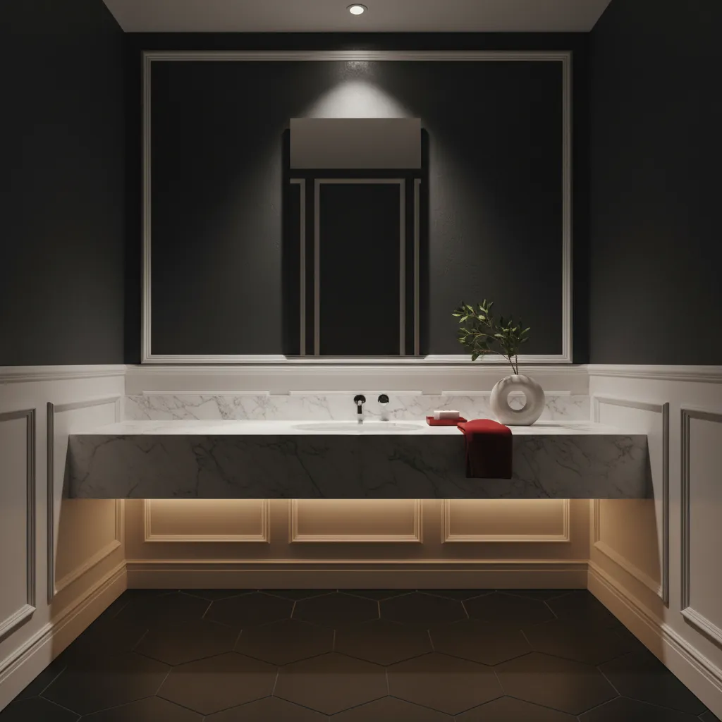 Bathroom with dark charcoal painted walls