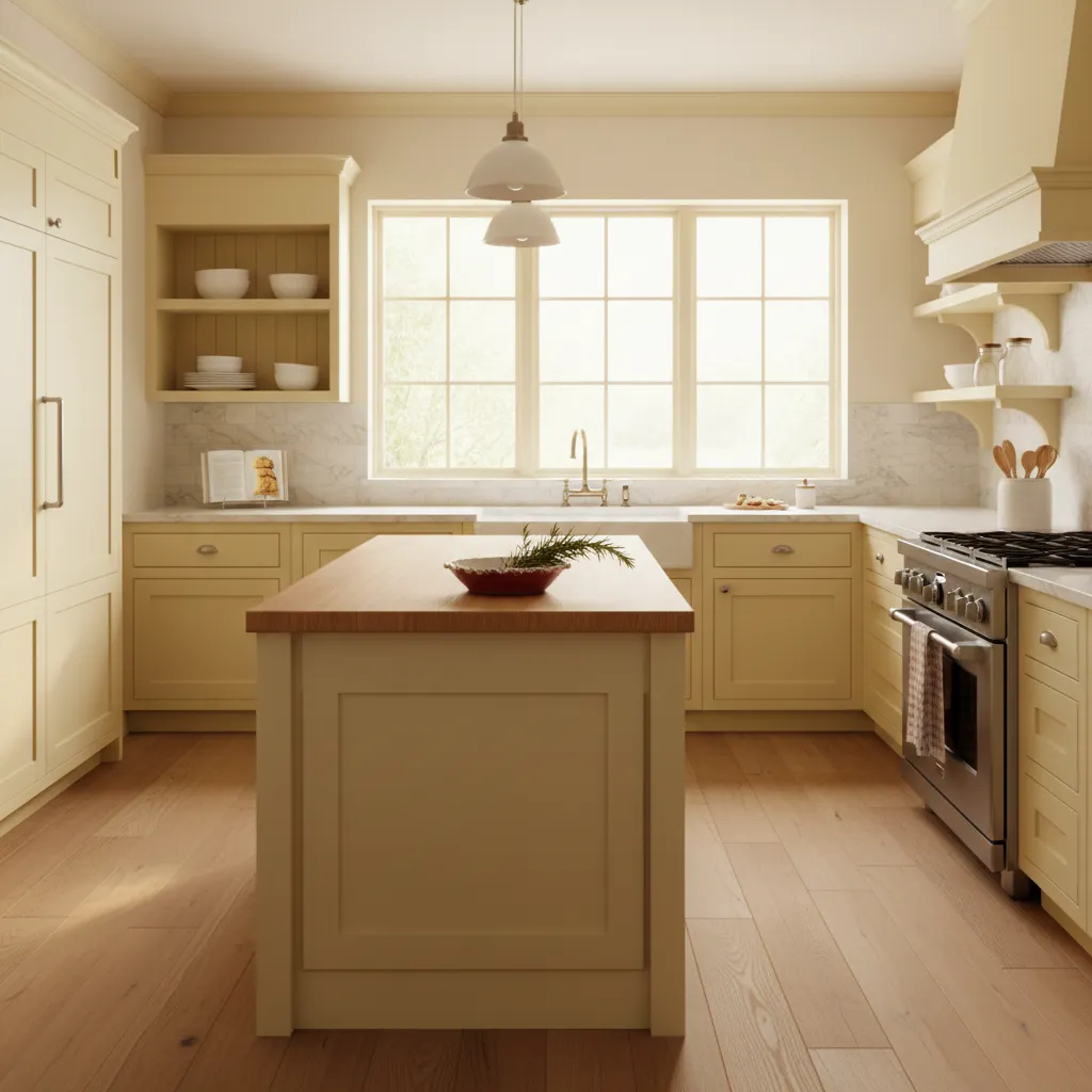 Coastal-style kitchen with soft yellow painted cabinets