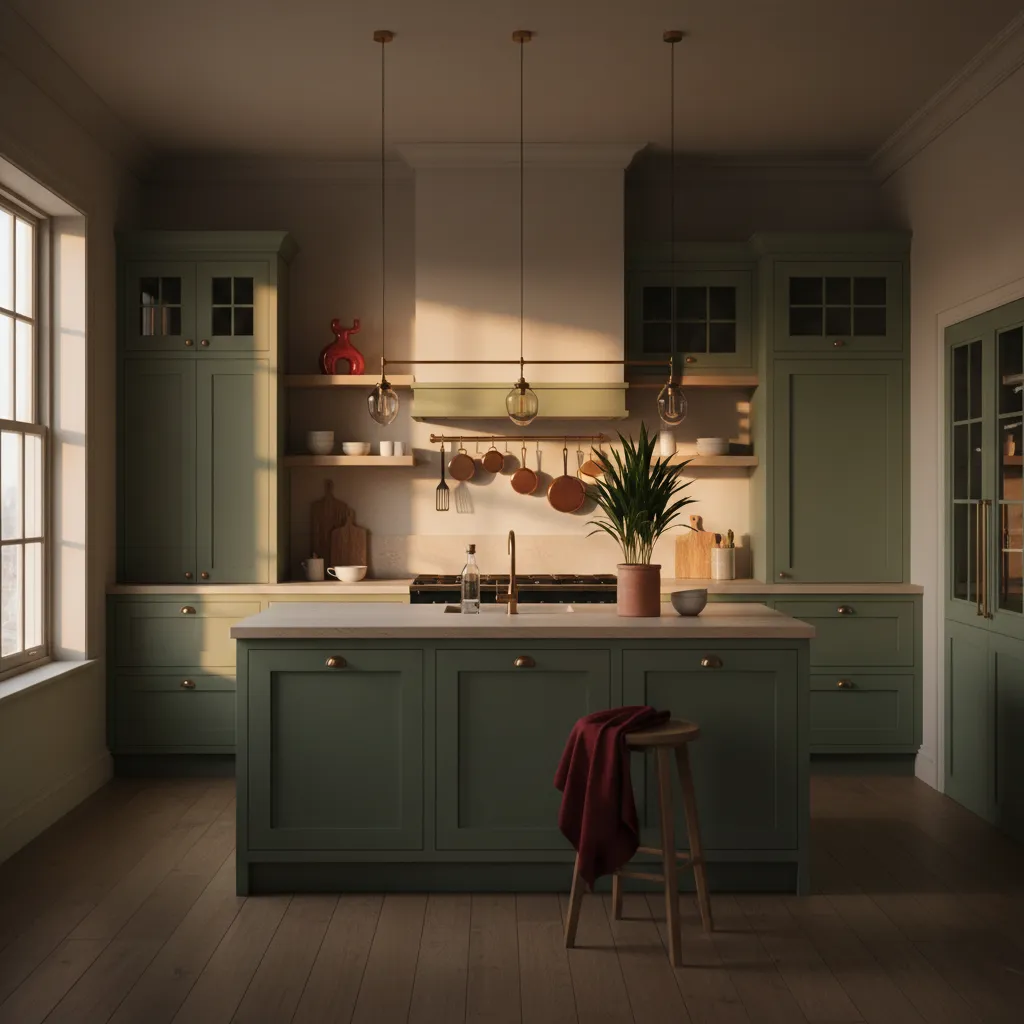 Sage green painted cabinets