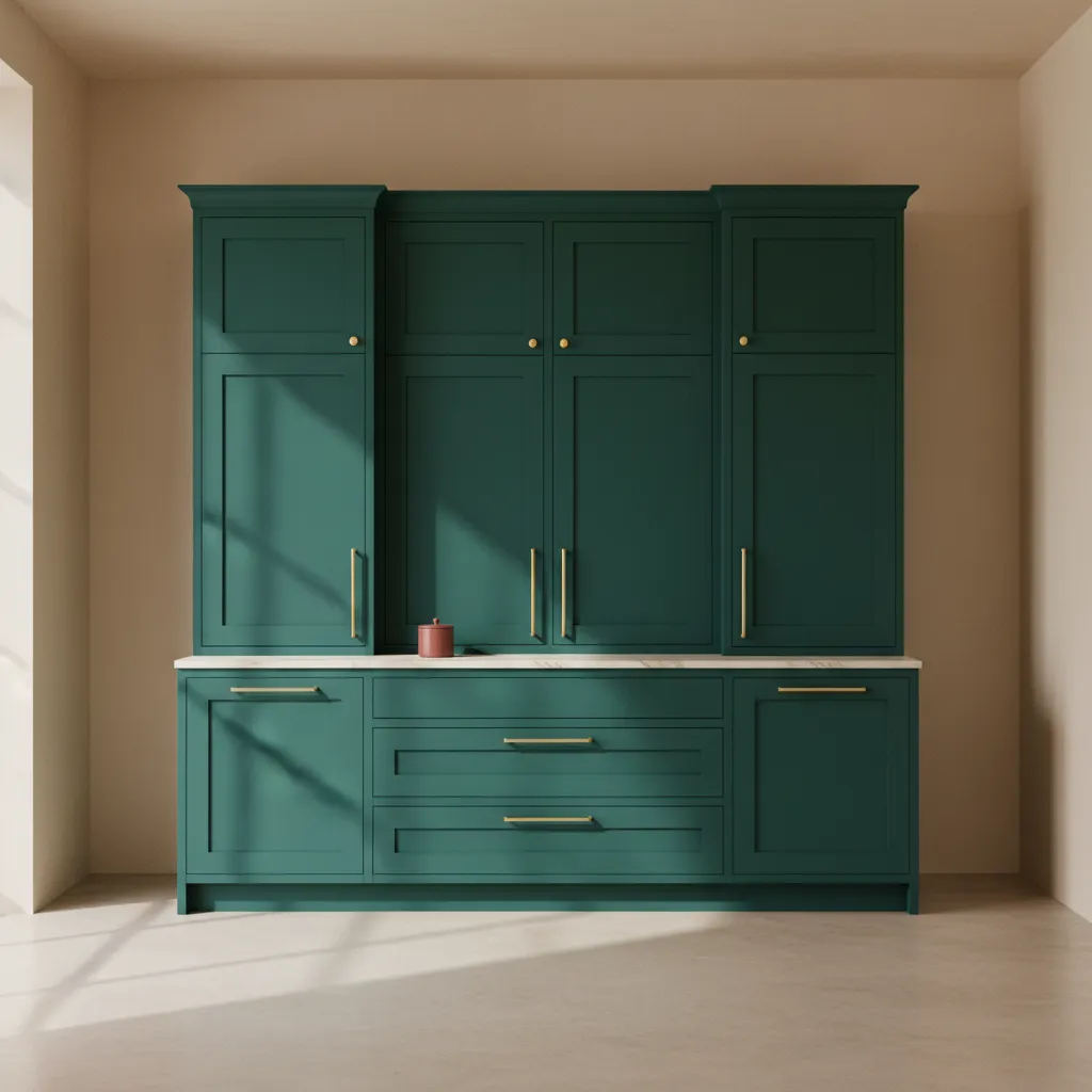 Bold teal-green painted kitchen cabinets