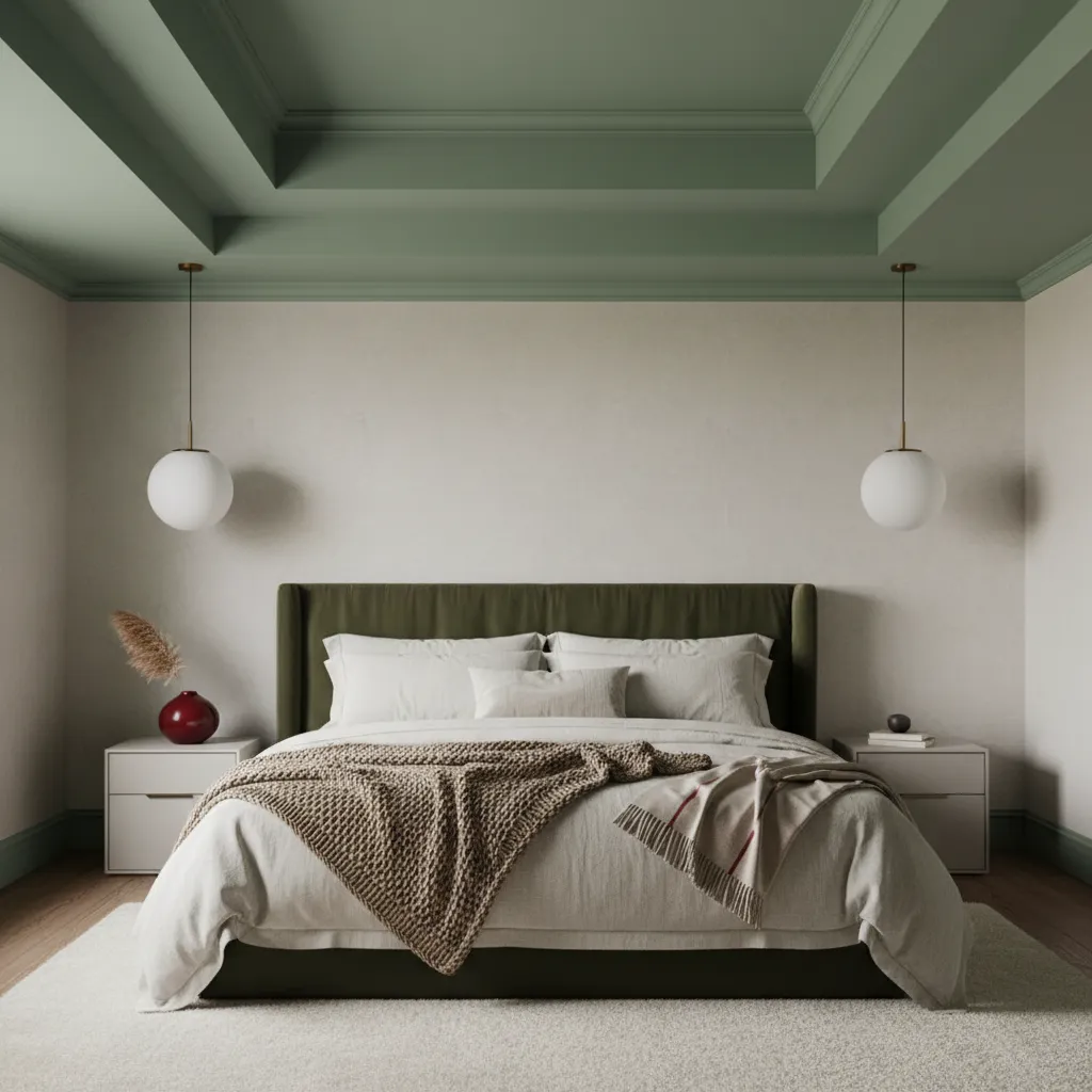 Bedroom with a sage green painted tray ceiling