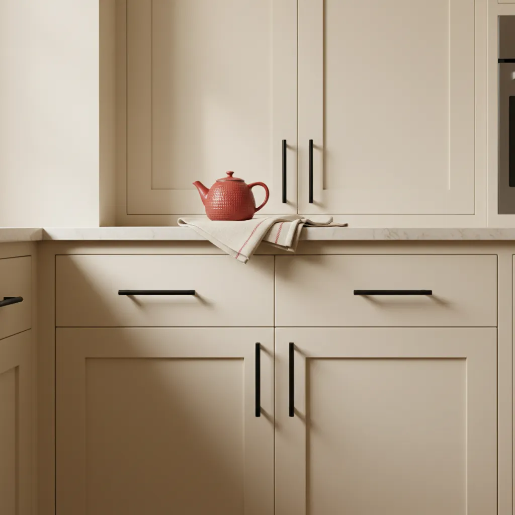 Cream painted cabinets with black hardware