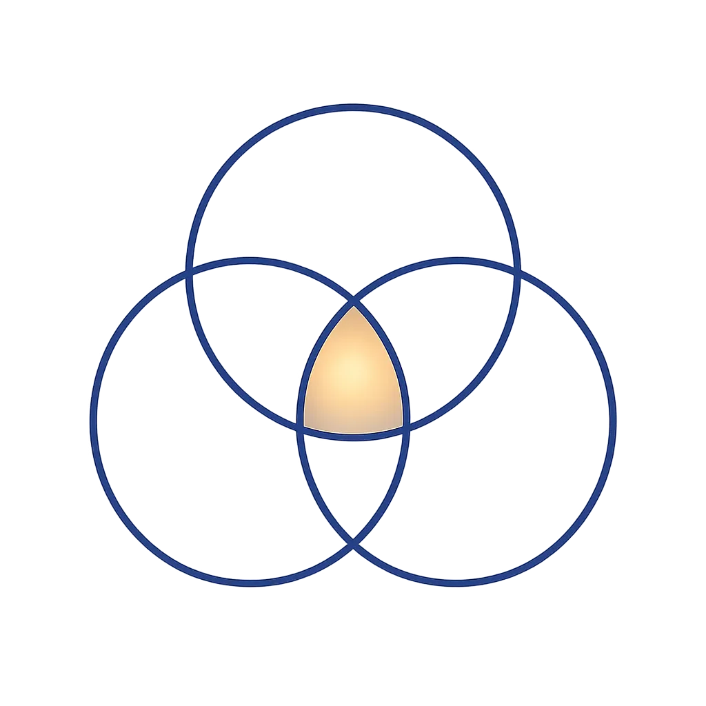 Three overlapping circles with soft #EFF6FF fills and 2px #1E40AF borders. The center intersection is highlighted in #D97706 with a subtle glow. Labels are set in small uppercase Plus Jakarta Sans.