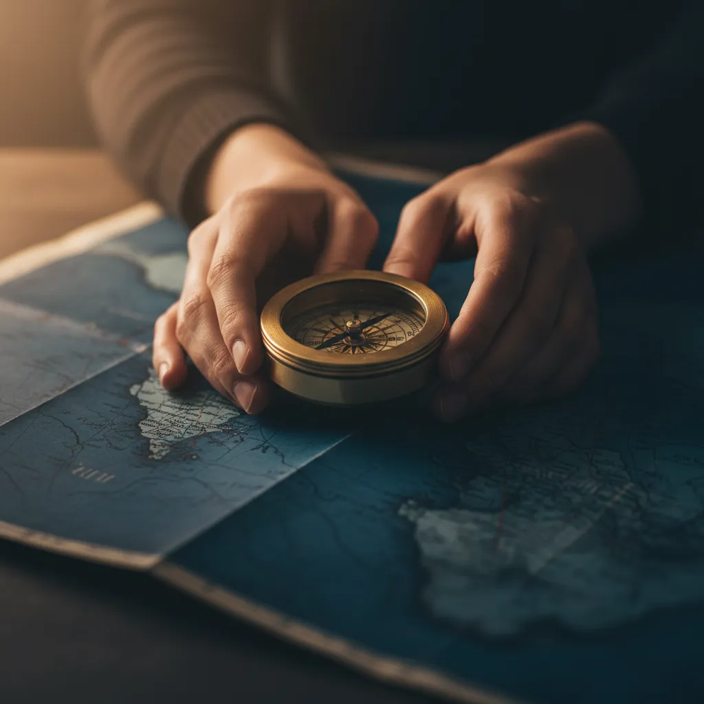 Person looking at a map or compass, symbolizing self-discovery