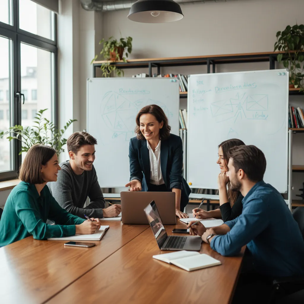Mentora adulta guiando a un grupo pequeño en una sala de coworking, pizarras y laptops visibles, ambiente de aprendizaje y confianza.