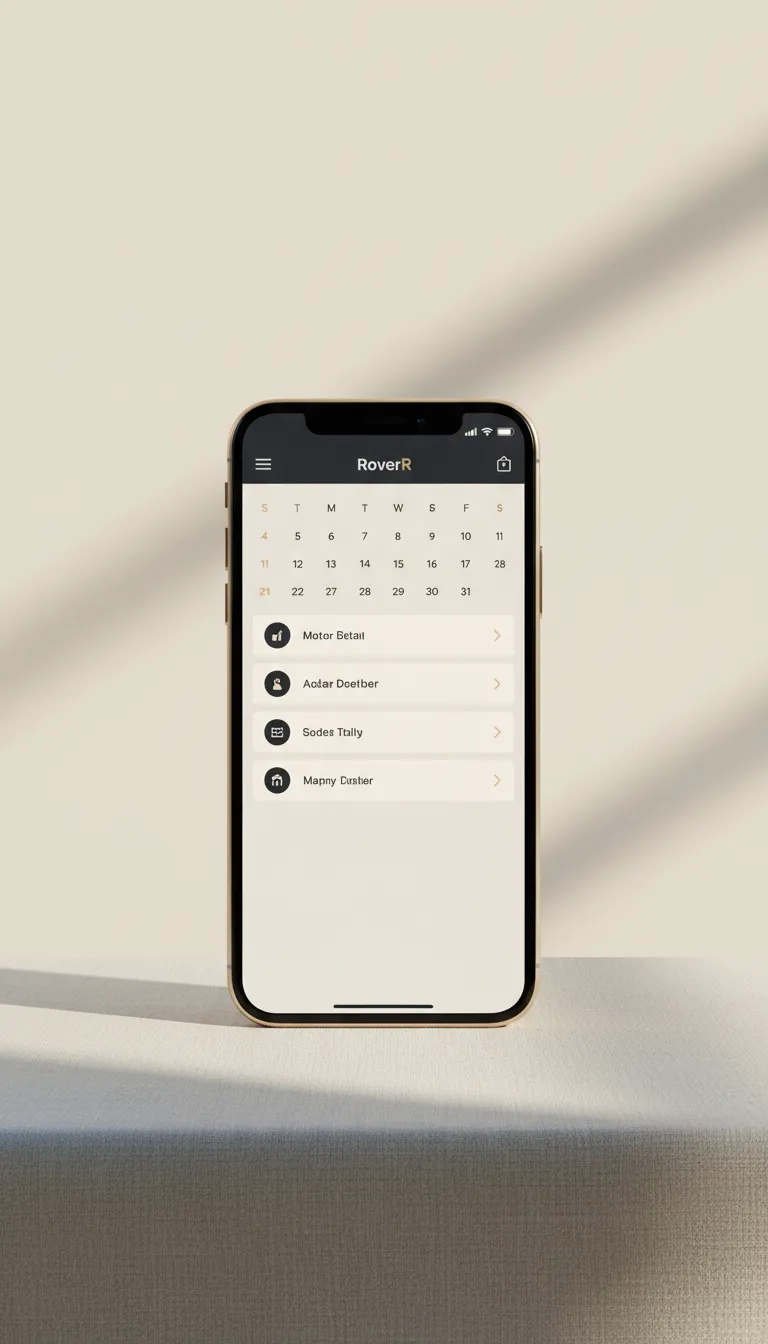 RoverR app calendar and plan screen mockup