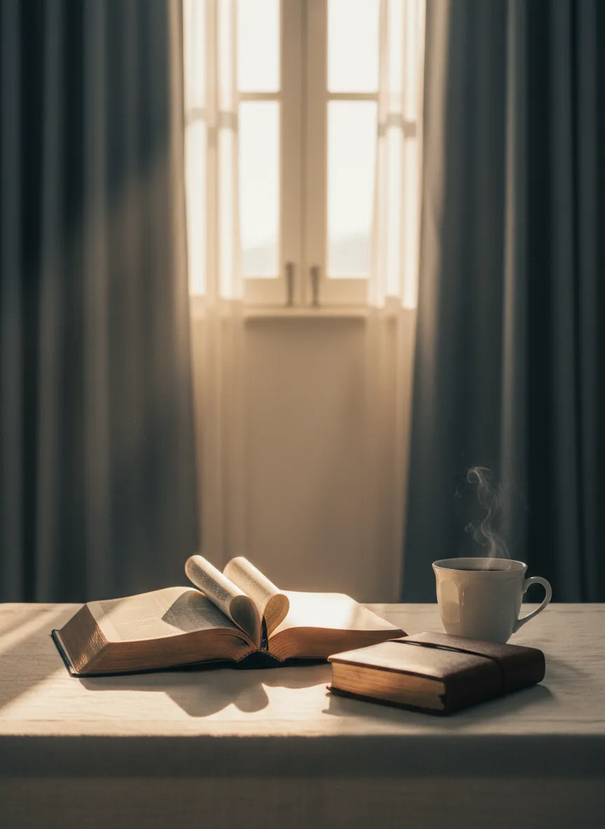 A quiet reading and journaling setup in warm sunlight, representing premium membership rest.