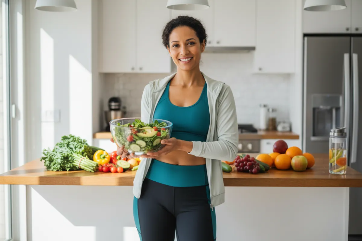 A confident, diverse adult woman in athletic wear stands in a sunlit kitchen, holding a bowl of fresh salad, smiling with determination. The background features vibrant produce and a water bottle, evoking a sense of healthy, empowered living.