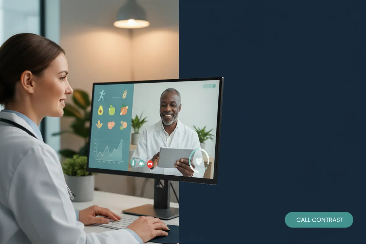Warm telemedicine consultation showing a clinician and patient with a glucose chart and healthy lifestyle cues (healthy foods, activity tracker).