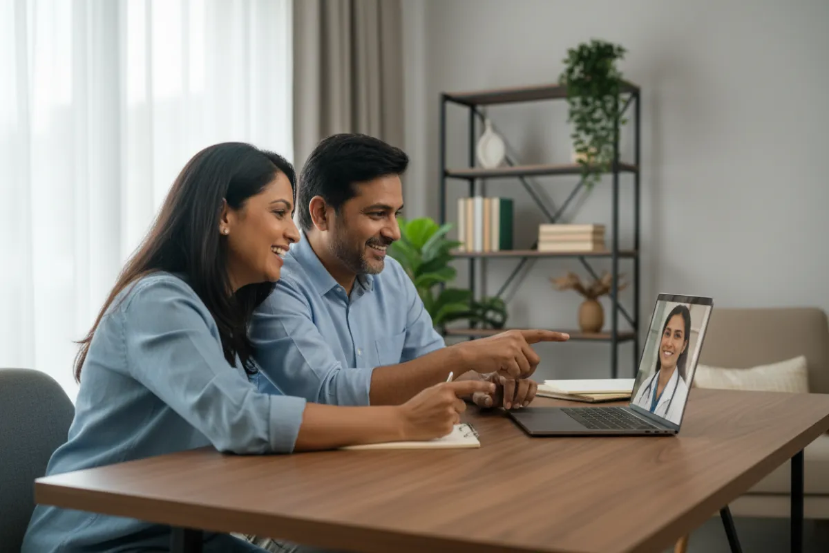 A cheerful middle-aged man and woman, both of South Asian descent, sit together at a bright home office desk, using a laptop to connect with a healthcare professional online. The setting is modern, warm, and welcoming.
