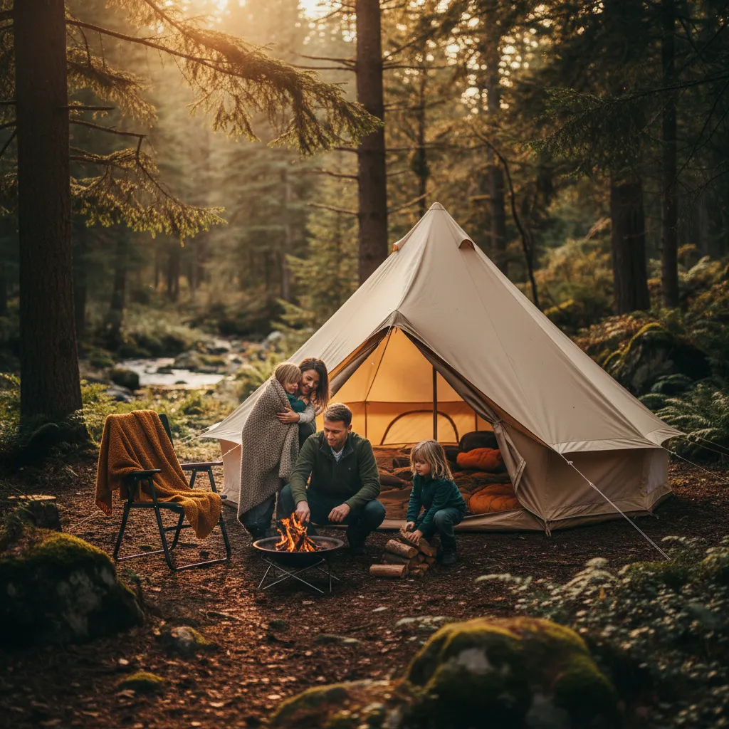 Family camping in tent