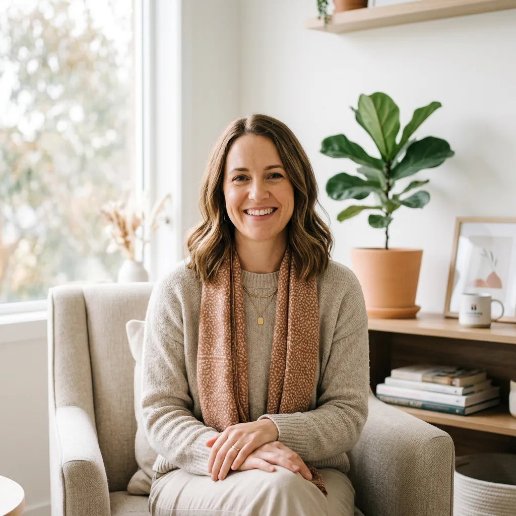 Friendly, approachable parenting consultant in a sunlit modern consultation room