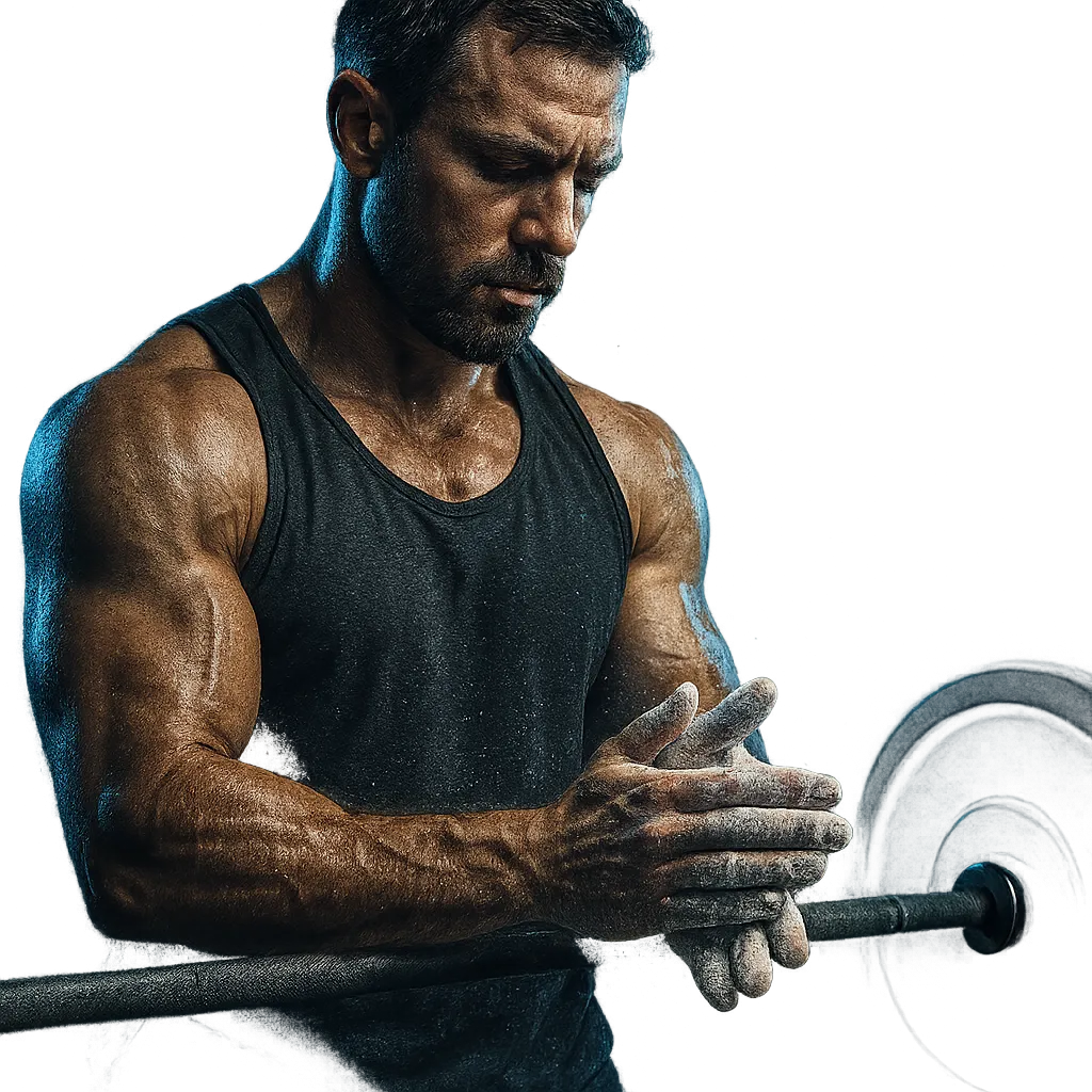 Dedicated father training with kettlebells in an athletic gym environment with dramatic blue illumination