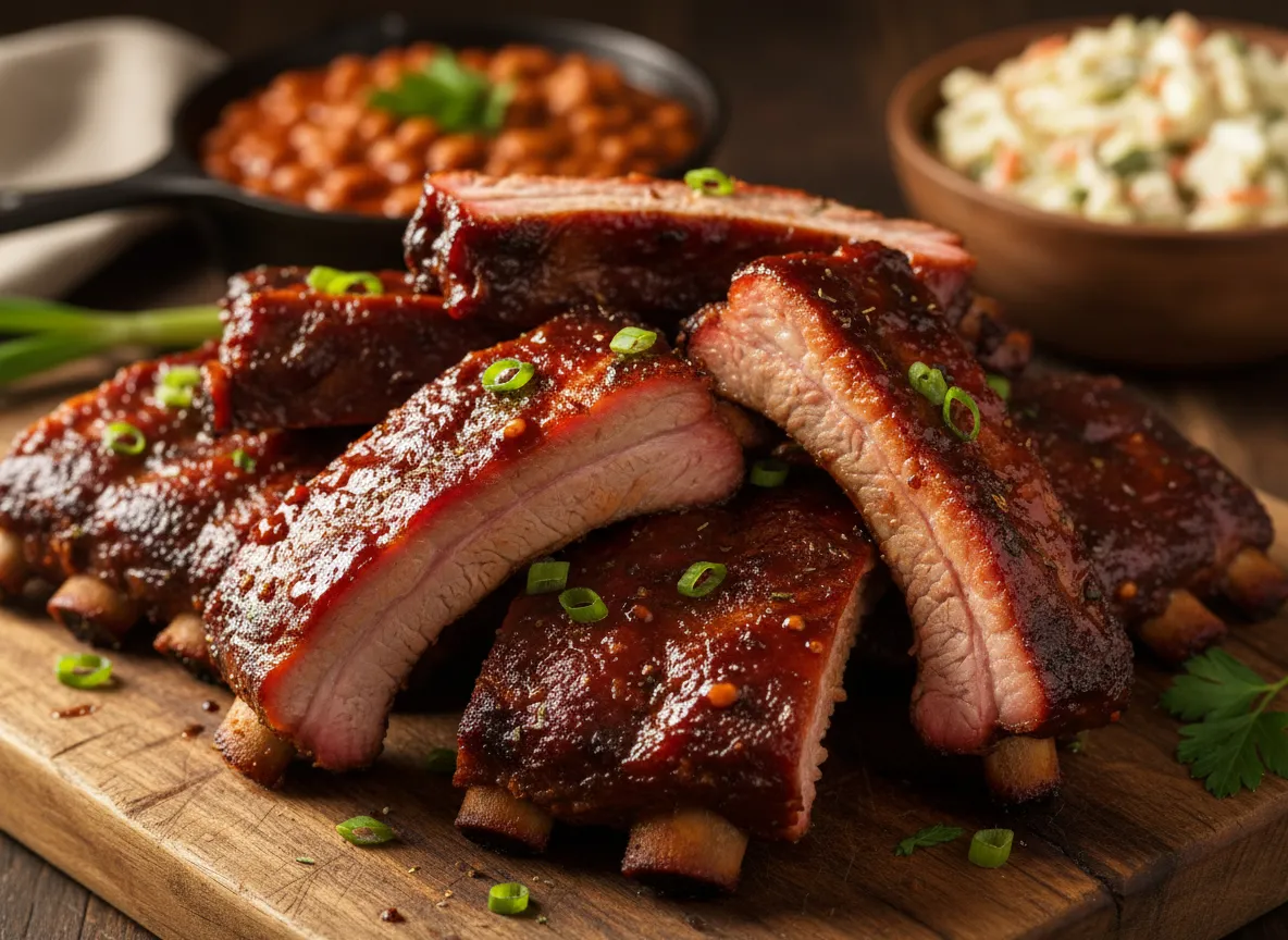 Smoke Pit Barbecue plate with sliced brisket, ribs, and sides