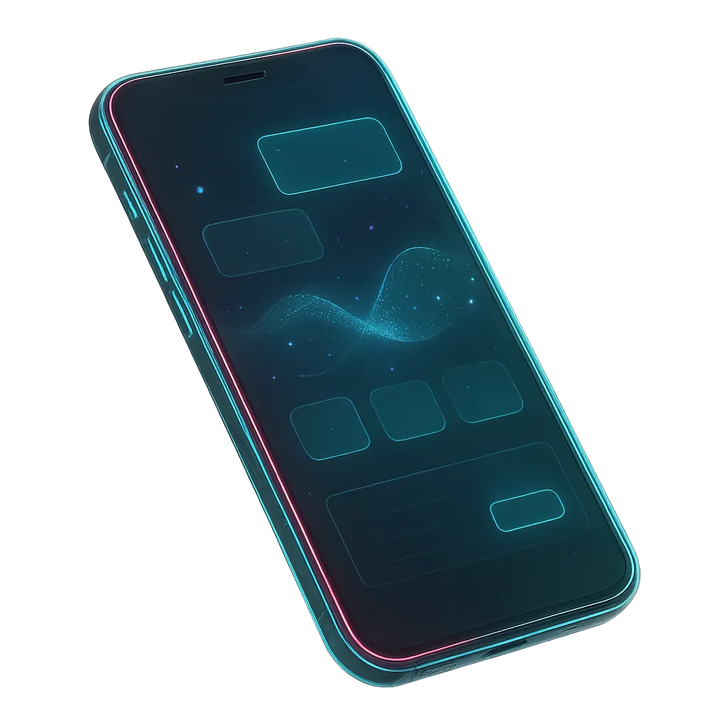 Glowing translucent smartphone displaying active AI booking interface with live audio waveform and confirmed calendar appointment