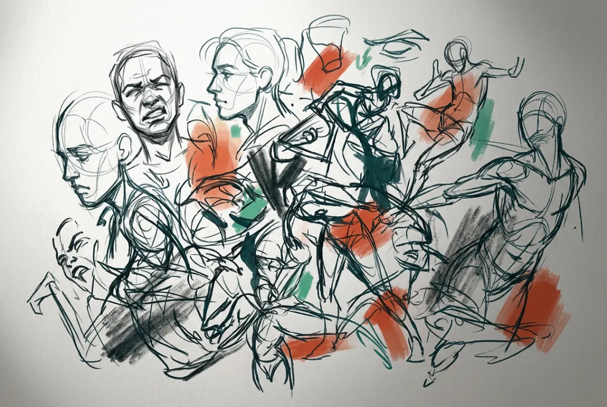 Illustration of unfinished digital sketches and abandoned concepts