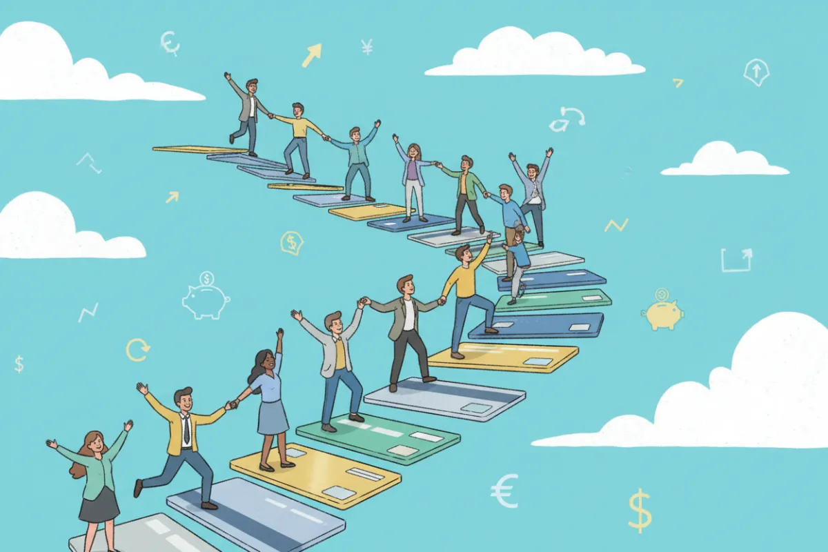 Illustration of a diverse group of people joyfully climbing a stylized staircase made of credit cards, with a bright aqua sky and abstract financial icons in the background. The scene is drawn in a modern, hand-illustrated style, evoking optimism and empowerment.