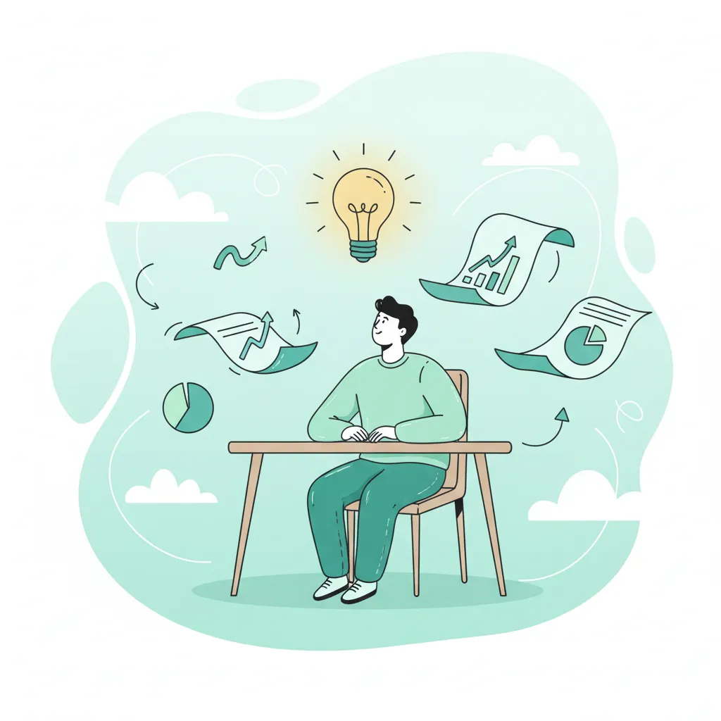 Modern illustration of a person at a desk, surrounded by floating credit reports, charts, and a glowing lightbulb, in a fresh aqua palette. The style is hand-drawn, with a focus on learning and discovery, and a calm, inviting atmosphere.